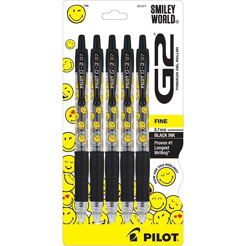 Pilot G2 SmileyWorld Retractable Gel Pen, Fine Point, 0.7mm, Black Ink, 5 Pack (G2HC5BLKF) image 1