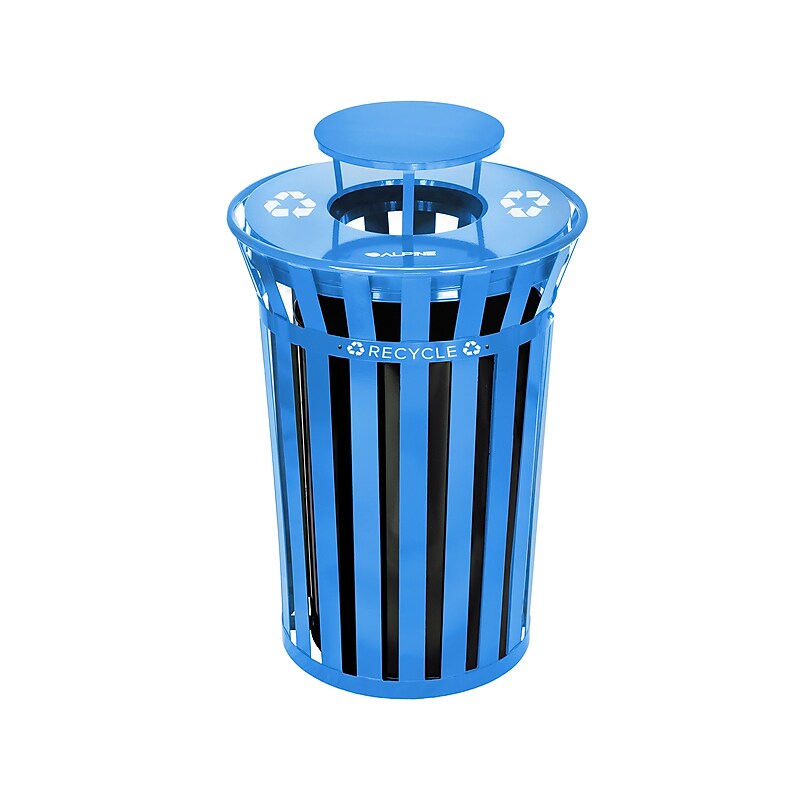 Alpine Industries Metal Commercial Outdoor Recycling Receptacle with Rain Bonnet Lid, 38 Gallon, Black/Blue (479-38-1-BLU) image 1