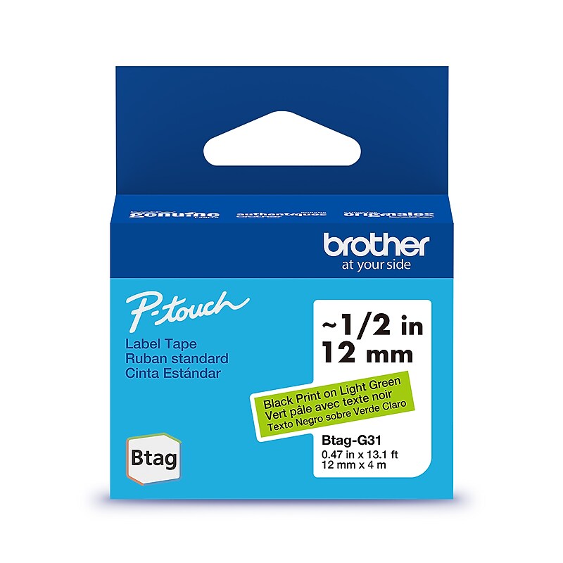 Brother P-touch Btag Label Tape, 1/2" x 13.1' (12mm x 4m), Black on Light Green (BTAGG31) image 1