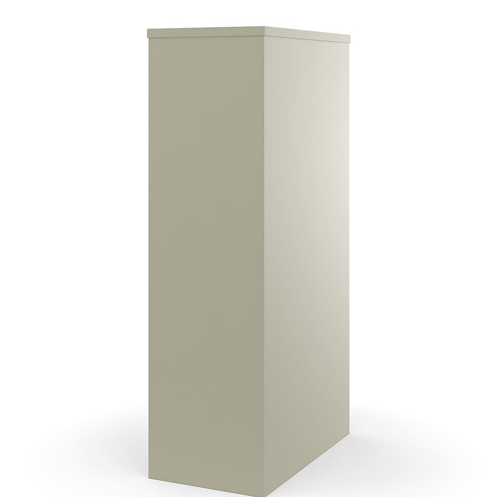 Front/side view of tall beige filing cabinet