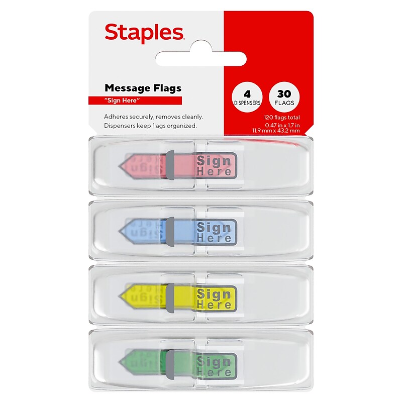 Staples "Sign Here" Message Flags, Assorted Colors, 120 Flags/Pack (ST62860) image 1