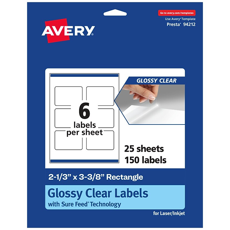 Avery Laser/Inkjet Multipurpose Labels, 3.375" x ", Glossy Clear, 150/Pack (94212) image 1