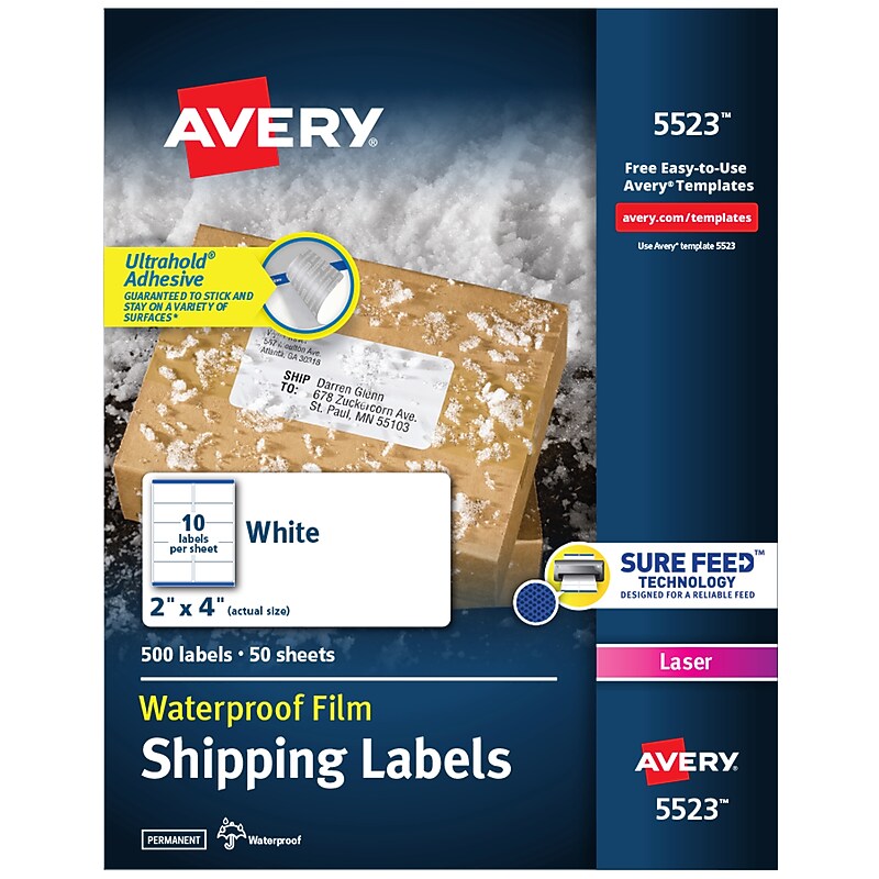 Avery Waterproof Laser Shipping Labels, 2" x 4", Matte White, 500 Labels/Box (5523) image 1