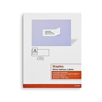 Staples Laser/Inkjet Address Labels, 1" x 2 5/8", White, 30 Labels/Sheet, 100 Sheets/Pack, 3000 Sheets/Box (18057/SIWO100)