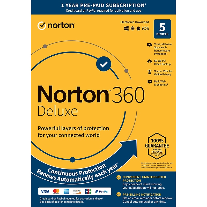 Norton 360 Deluxe for 5 Devices, Windows/Mac/Android/iOS, Product Key Card  (21392062) image 1