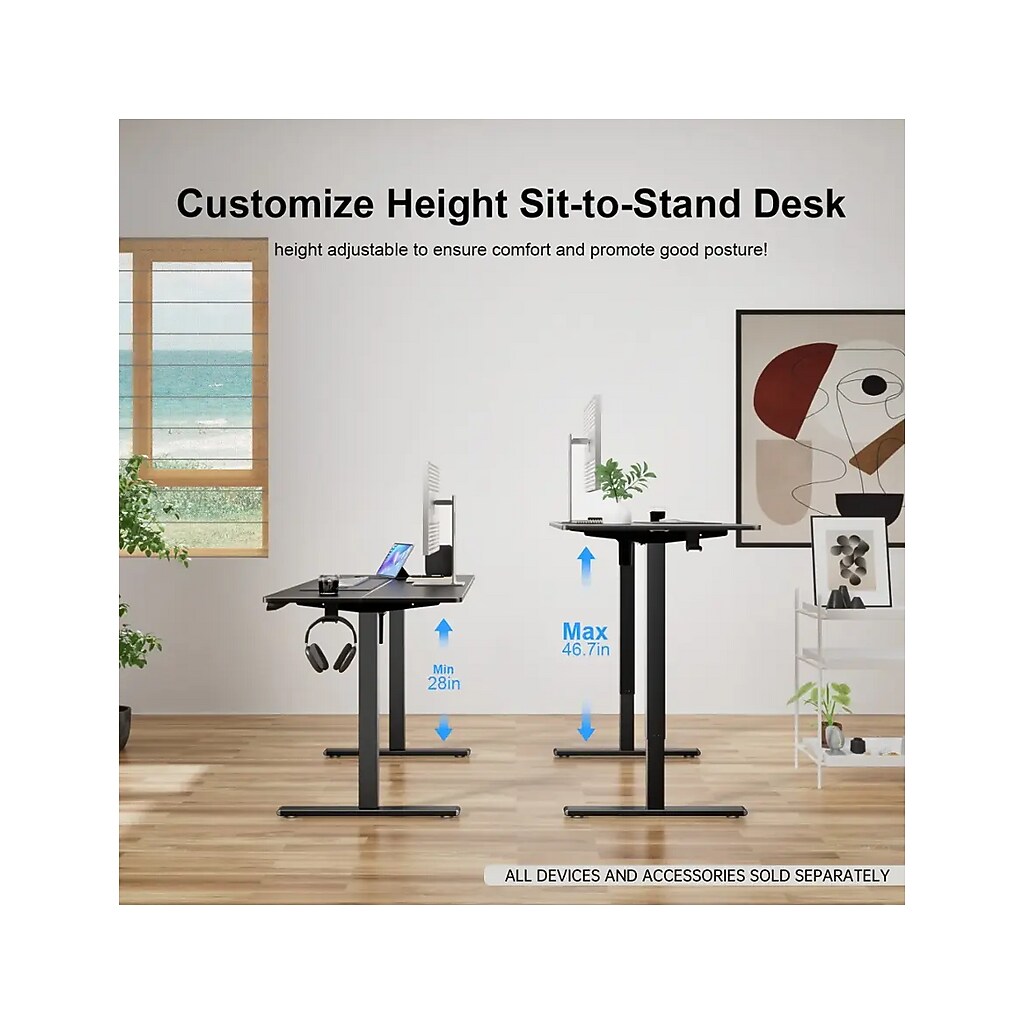 Customizable height sit-to-stand desk diagram with dimensions and features