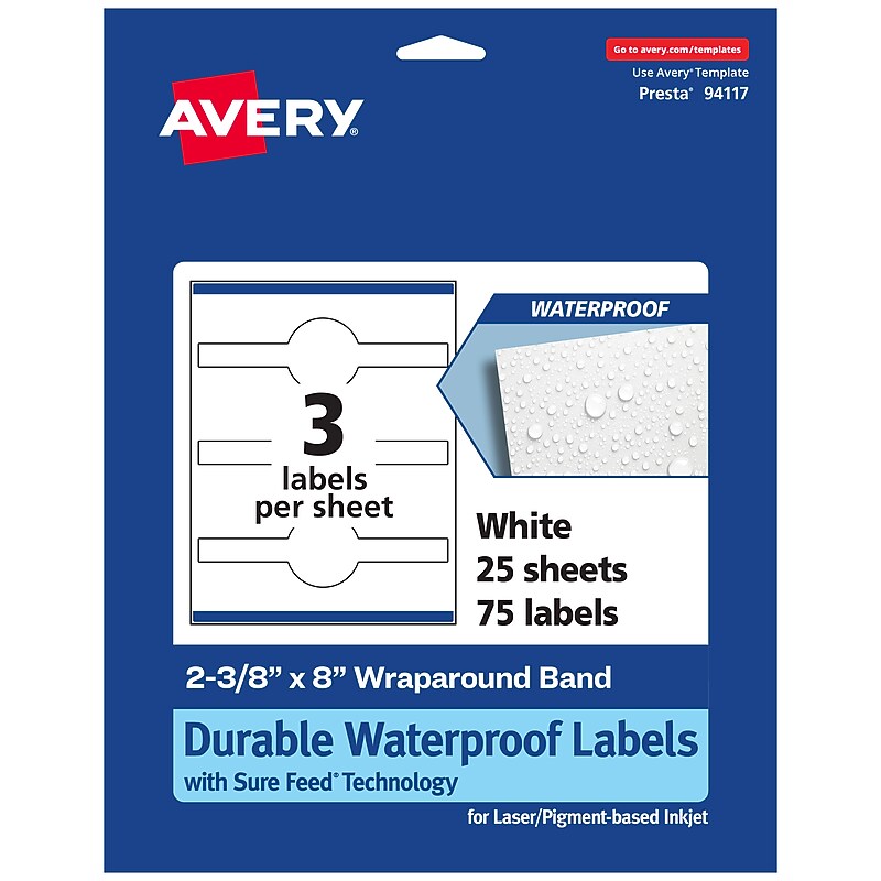 Avery Laser/Inkjet Decorative Edge Waterproof Multipurpose Labels, 8"  x 2.375", White, 75/Pack (94117) image 1