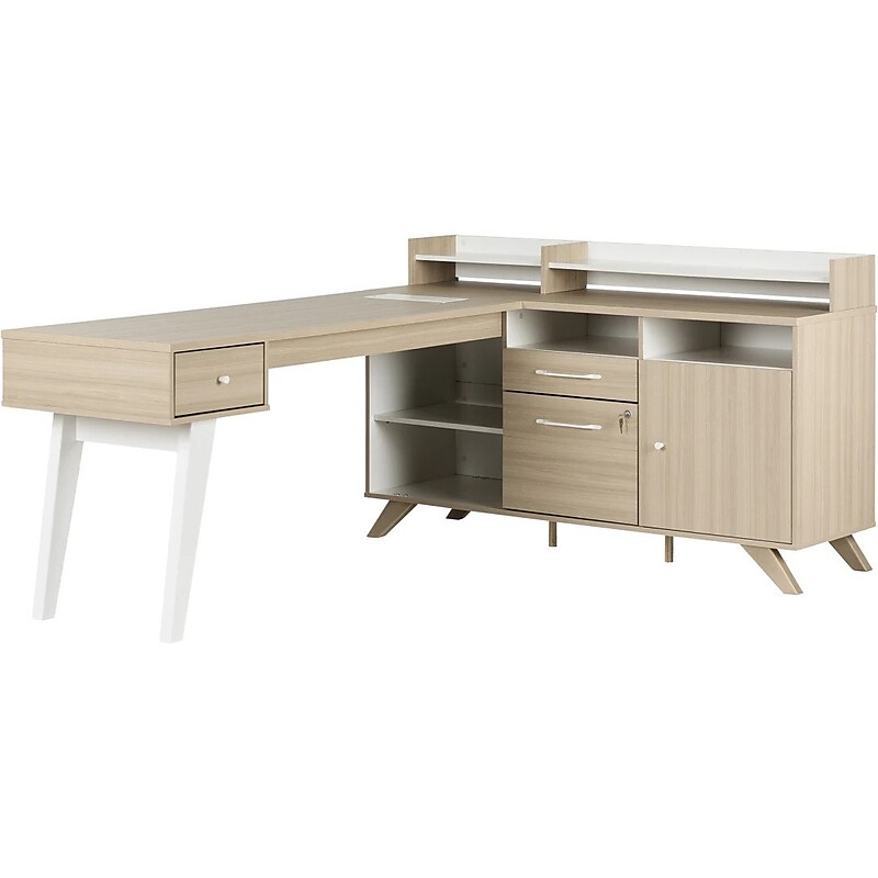 South Shore Helsy 78"W L-Shaped Computer Desk with Removable Hutch, Soft Elm/White (13298) image 1