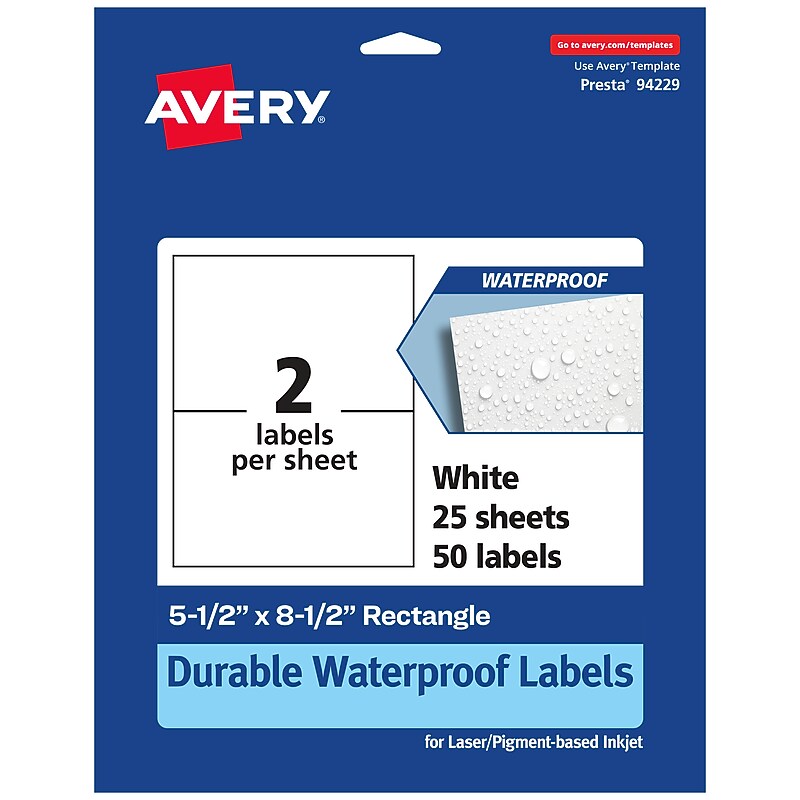 Avery Laser/Inkjet Rectangle Waterproof Multipurpose Labels, 8.5"  x 5.5", White, 50/Pack (94229) image 1