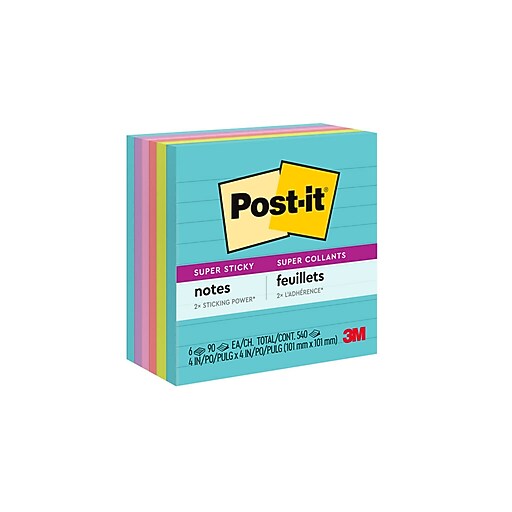 Postit Super Sticky Notes, 4" x 4", Supernova Neons Collection, Lined