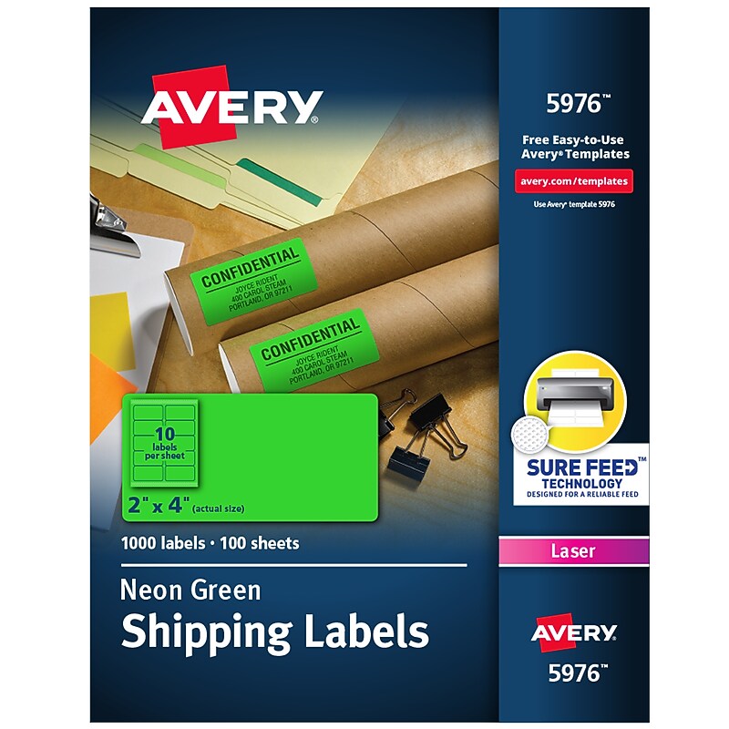 Avery Sure Feed Laser Shipping Labels, 2"x 4", Neon Green, 10 Labels/Sheet, 100 Sheets/Box (5976) image 1
