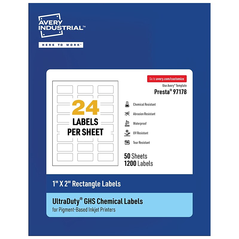 Avery Inkjet UltraDuty GHS Labels, 1" x 2", White, 1200 Labels/Box (97178) image 1