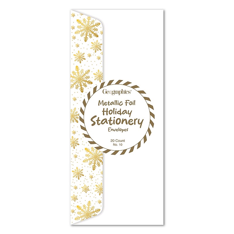 Geographics Metallic Snowflake Holiday Envelopes, White/Gold, 20 Envelopes/Pack (50071) image 1
