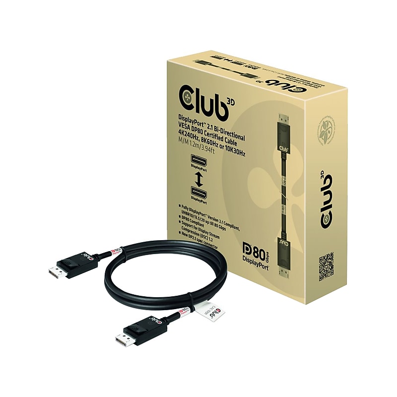 Club 3D 3.94' DisplayPort 2.1 to DisplayPort 2.1 Cable, Male to Male, Black (CAC-1091) image 1