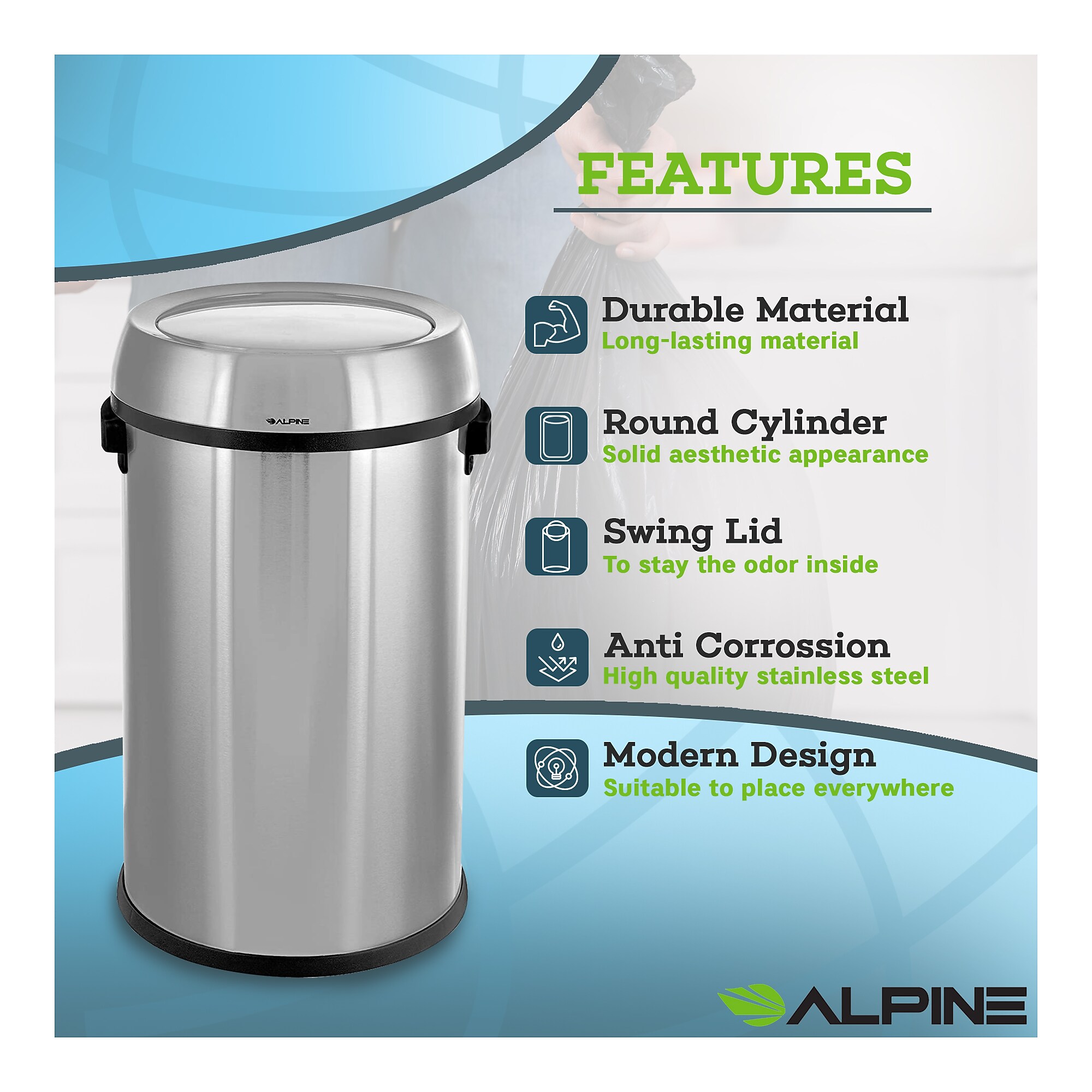 Alpine Industries Stainless Steel Trash Can with Swing Lid, 17 Gallon (ALP470-65L-1) Sansujyuku sansujyuku.com