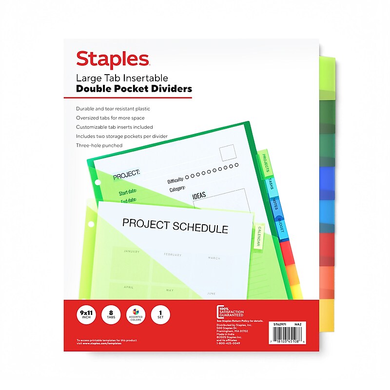 Staples Large Tab Plastic Two-Pocket Insertable Dividers, 8-Tabs, Multicolor (ST62971) image 1