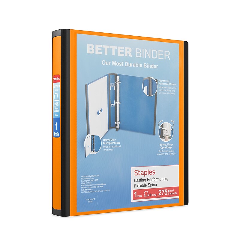 Staples Heavy Duty 1" 3-Ring Better Binder, D-Ring, Orange (ST55841-CC) image 1