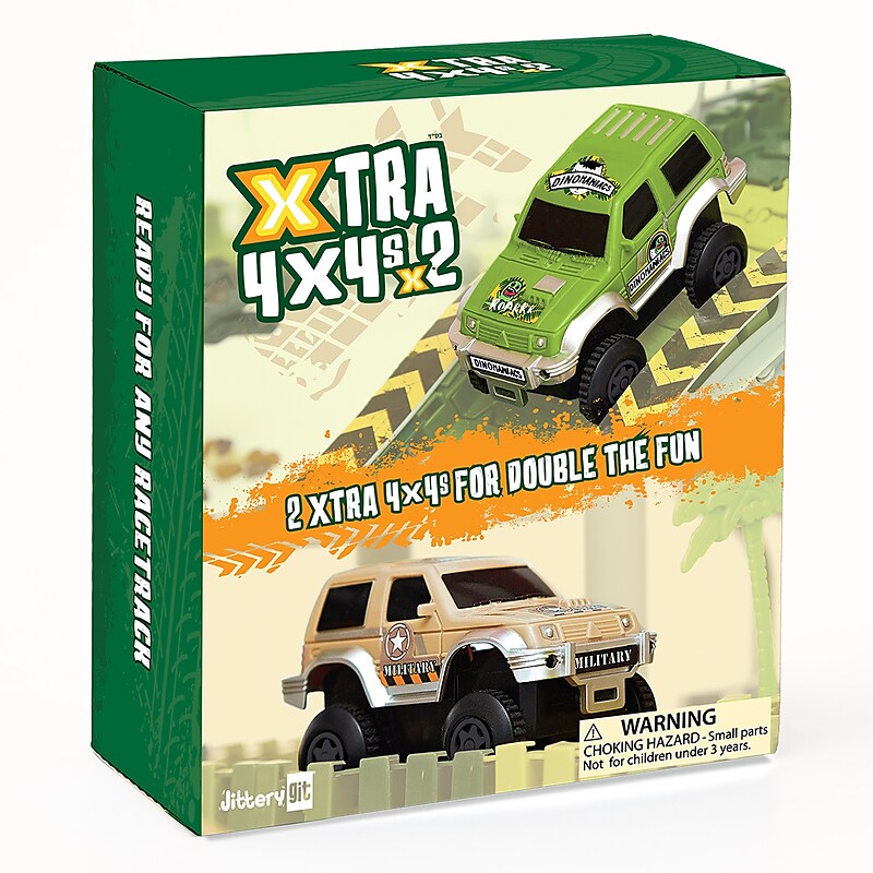 JitteryGit XTRA 4X4 Race Cars for Dinosaur Race Track Set, Green/Tan (000860009329553) image 1