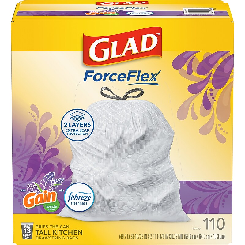 Glad ForceFlex Tall 13 Gallon Drawstring Kitchen Trash Bag, Gain Lavender with Febreze Freshness, White, 110 Total Bags (79157) image 1