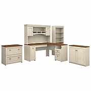 Bush Furniture Fairview 60W L Shaped Desk with Hutch, Storage Cabinets and 5 Shelf Bookcase, Antique White/Tea Maple (FV013AW)