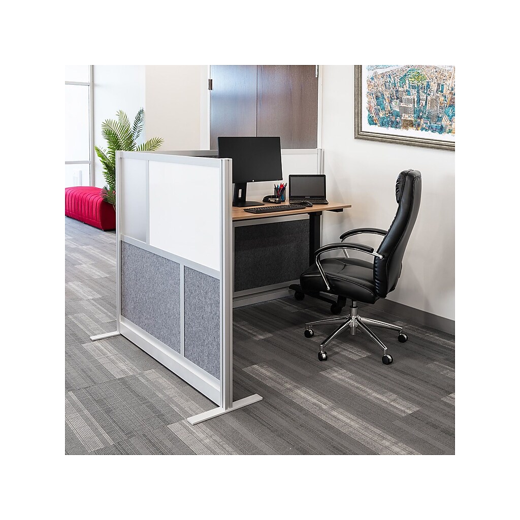 Office cubicle divider with white frame and gray fabric panels
