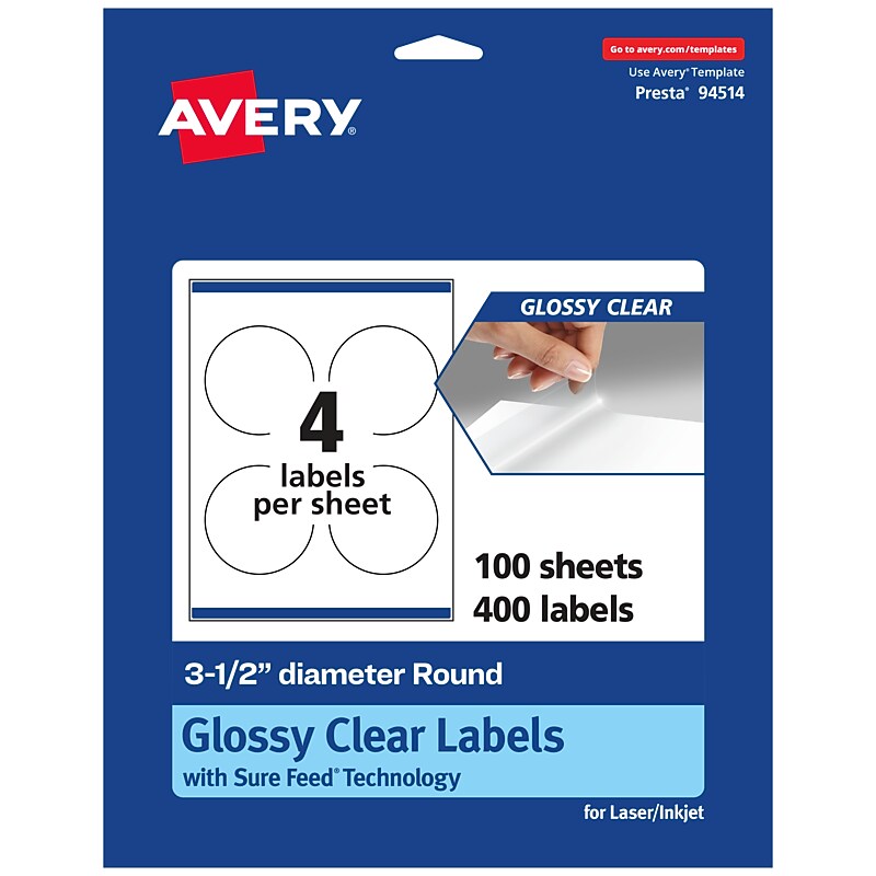 Avery Laser/Inkjet Round Multipurpose Labels, Clear, 4 Labels/Sheet, 100 Sheets/Pack (94514-CGF100) image 1
