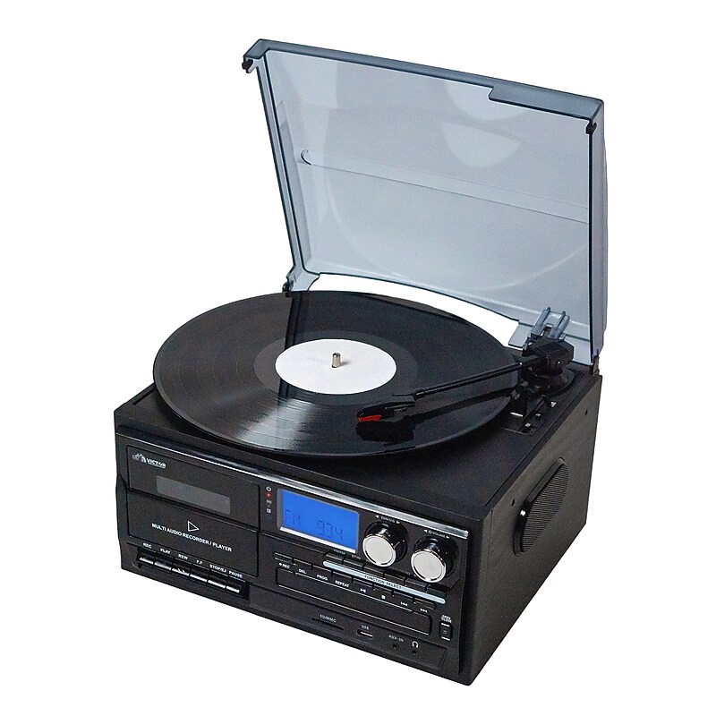 Victor VWRP‑4200 Cosmopolitan 8‑in‑1 Turntable 3‑Speed Player CD/MP3/Cassette, AM/FM, Dual Bluetooth, Black image 1