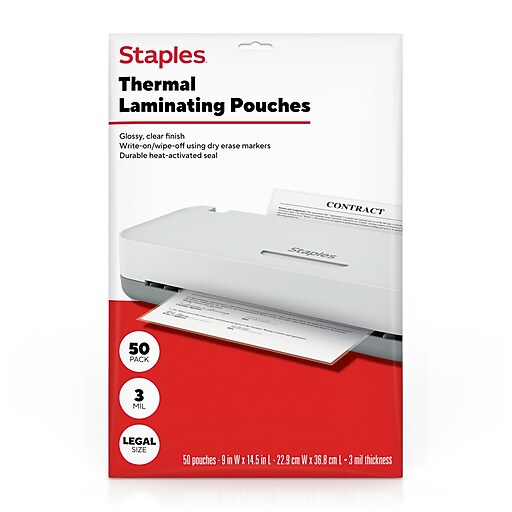 Staples Thermal Laminating Pouches, Legal Size, 3 Mil, 50/Pack