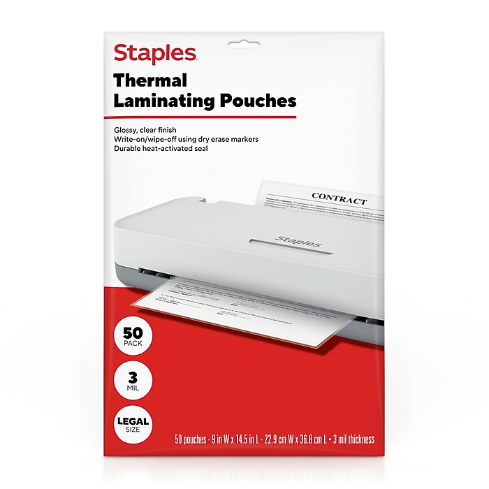 Staples Thermal Laminating Pouches, Legal Size, 3 Mil, 50/Pack