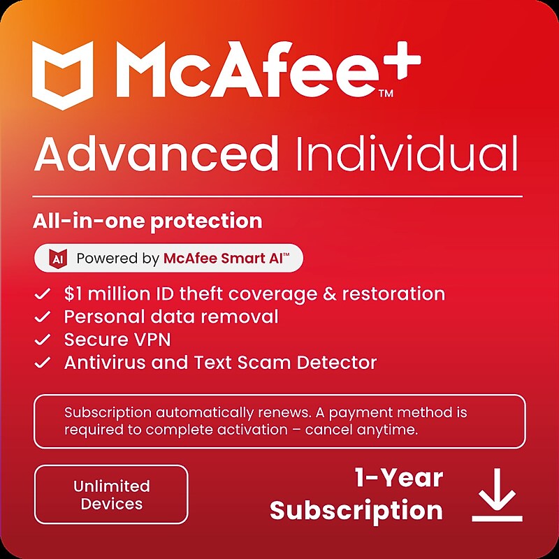 McAfee+ Advanced Individual for Unlimited Users, Windows/macOS/Android/iOS/ChromeOS, Download (MPA41ESTURAID) image 1