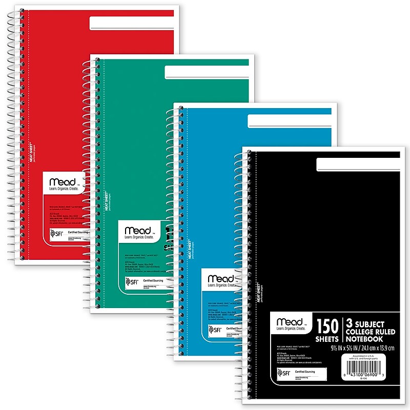 Mead Spiral 3-Subject Notebooks, 5.5" x 9.5", College Ruled, 150 Sheets, Assorted Colors (06900) image 1
