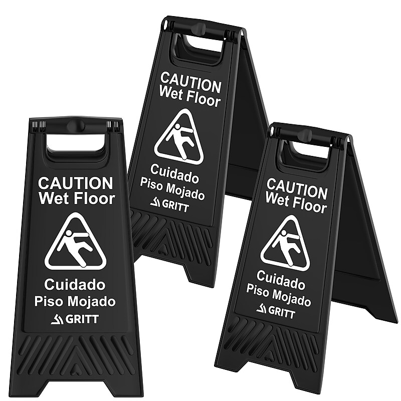 Gritt Commercial Safety "Caution Wet Floor" A-Frame/Sandwich Board Sign, 24"H, Black, 3/Pack (GRI184-BLK-3PK) image 1