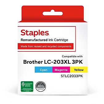 Staples Remanufactured Cyan/Magenta/Yellow High Yield Ink Cartridge Replacement for Brother LC203 (TRLC2033PK/STLC2033PK) 3/Pack