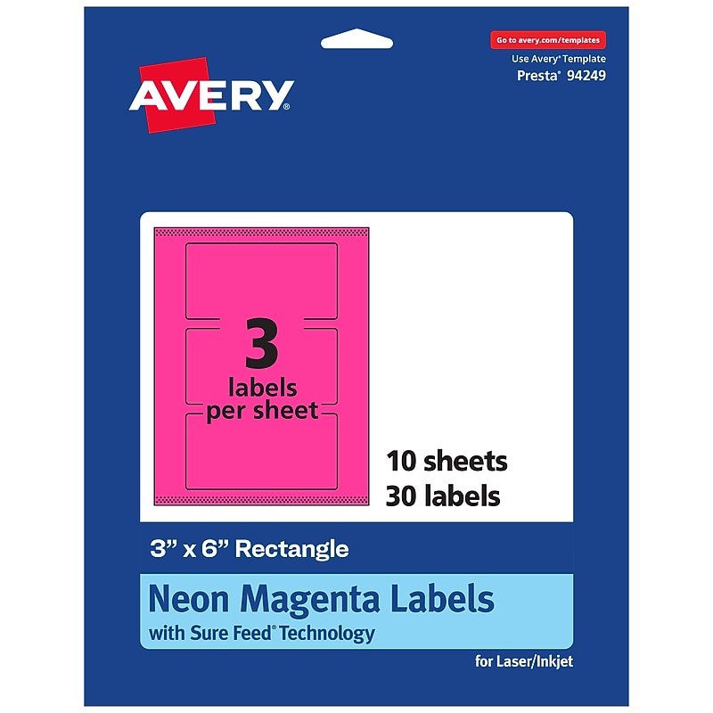 Avery Laser/Inkjet Rectangle Multipurpose Labels, 3" x 6", Neon Magenta, 30/Pack (94249) image 1