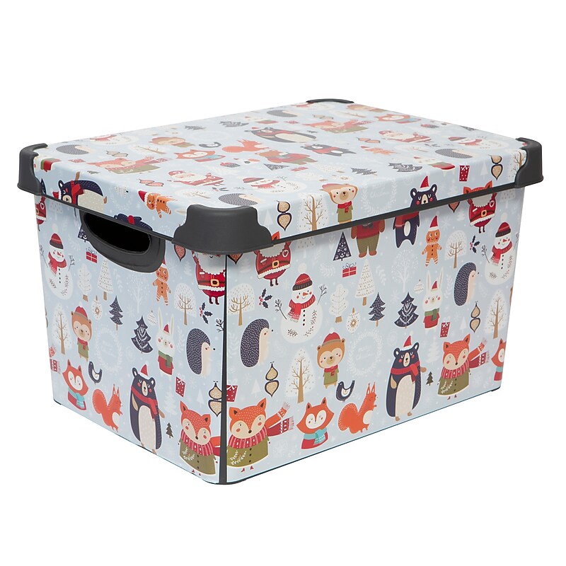 Simplify Woodland Winter Design Storage Tote Bin with Lid, Plastic, Multicolored (9080-20) image 1
