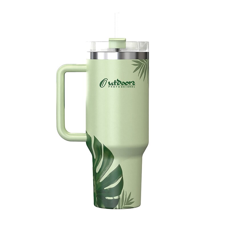 Outdoors Professional Stainless Steel Double-Walled  Tumbler with Straw, 40 oz., Tropical Green (OUTD9232) image 1