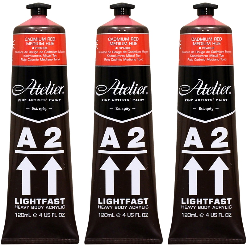 Chroma Atelier A2 Lightfast Acrylic Paint Tube, Cadmium Red Medium Hue, 4 oz., 3/Bundle (CRM683-3) image 1