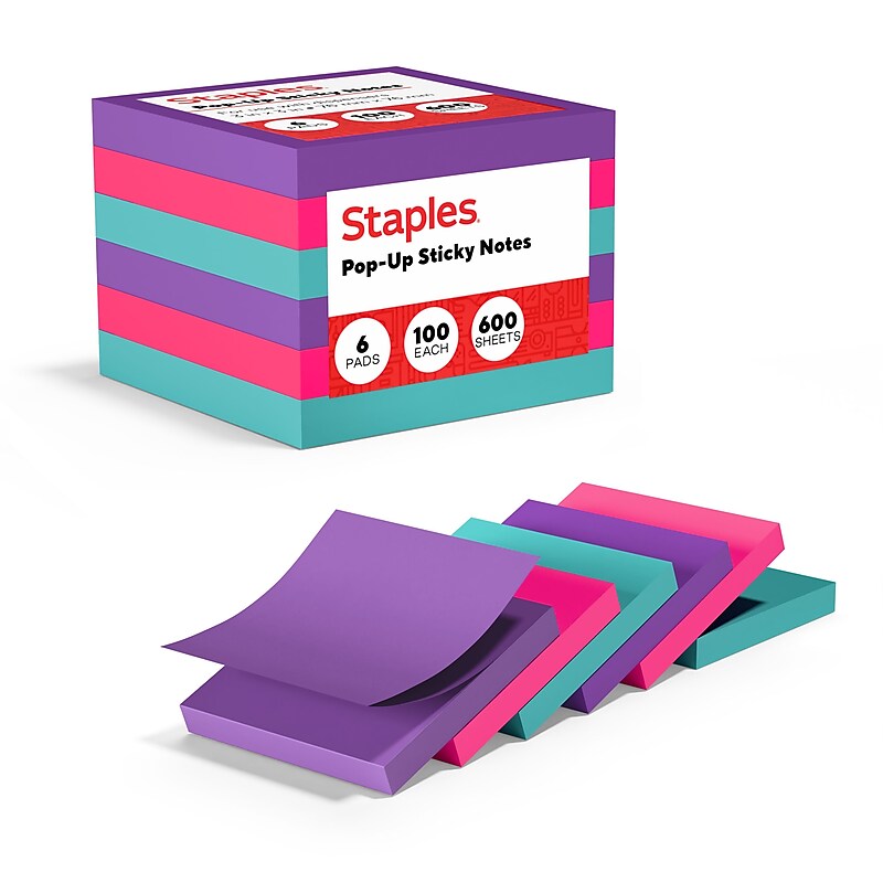 Staples® Pop-up Sticky Notes, 3" x 3", Berry Blast Collection, 100 Sheets/Pad, 6 Pads/Pack (S33BOP6/52558) image 1