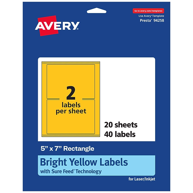 Avery Laser/Inkjet Rectangle Multipurpose Labels, 5" x 7", Bright Yellow, 40/Pack (94258) image 1