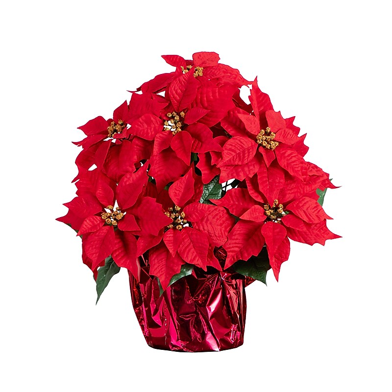 Nearly Natural 19-in Artificial Lush Poinsettia Arrangement in Red Wrapped Planter (A2172) image 1