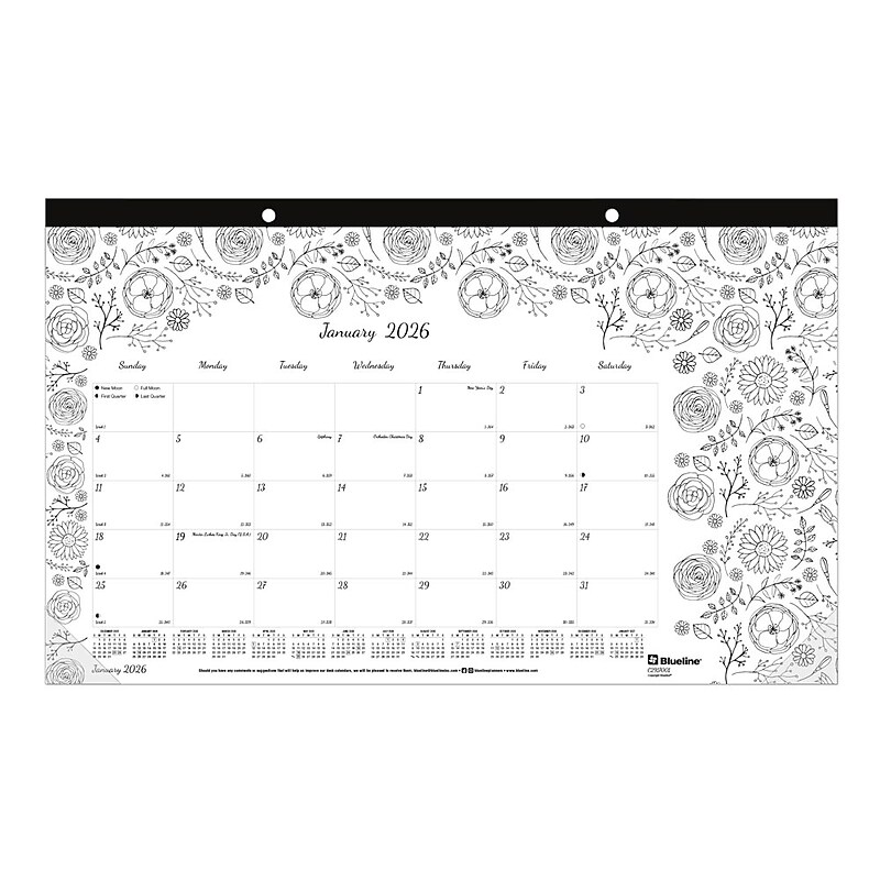 2026 Blueline DoodlePlan 10.875" x 17.75" Monthly Desk Pad Coloring Calendar, Black/White (C2917001) image 1