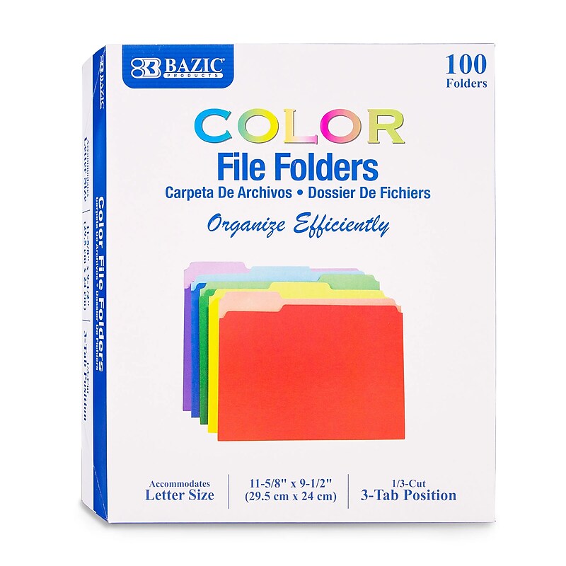 Bazic COLOR File Folders, 1-Tab, Letter/Legal Size, Assorted Colors, 100/Box (BAZ3149) image 1
