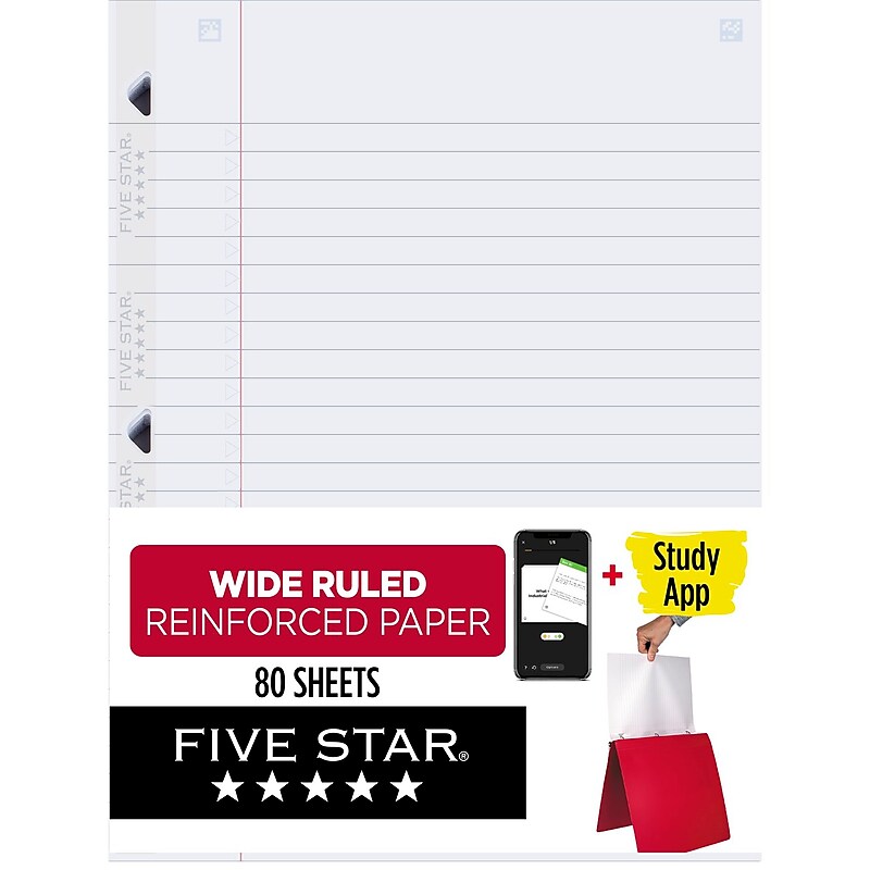 Five Star Reinforced Wide Ruled Filler Paper, 8" x 10.5", 3-Hole Punched, 80 Sheets/Pack (150002/150034) image 1