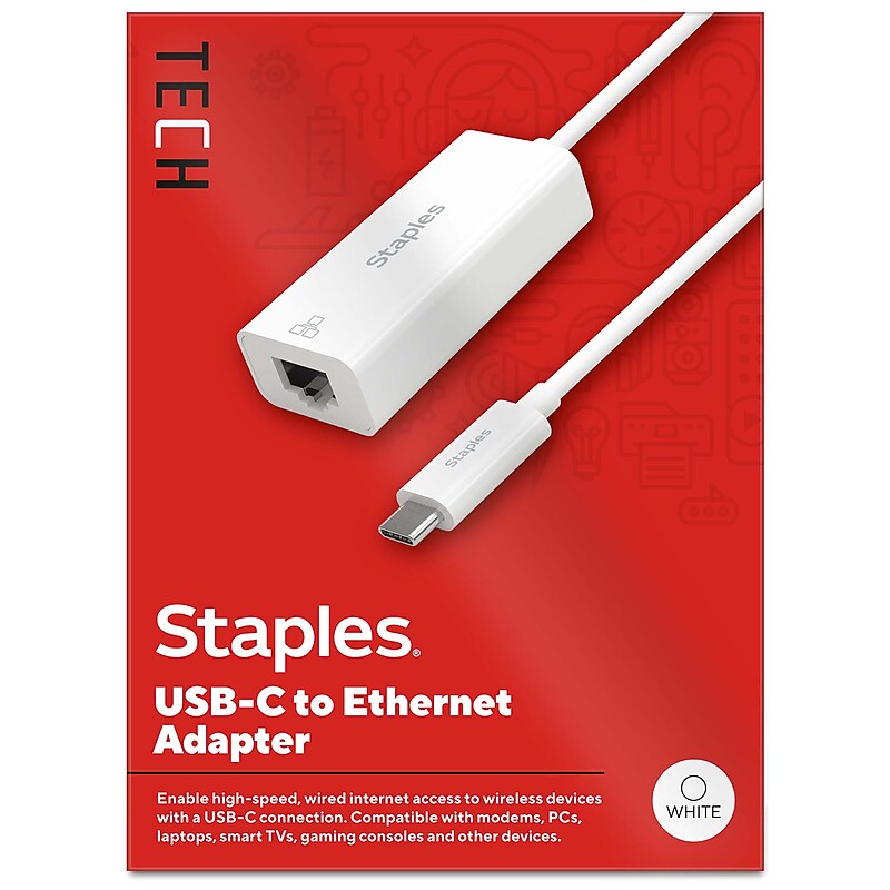 Staples TECH USB-C to Ethernet Adapter, Female to Male, White (ST62369) image 1