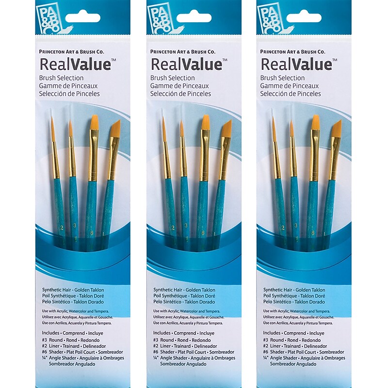 Princeton RealValue Mixed Media Synthetic Taklon Variety Brush Set, Blue, 4/Set, 3 Sets/Bundle (PBXPR9173-3) image 1