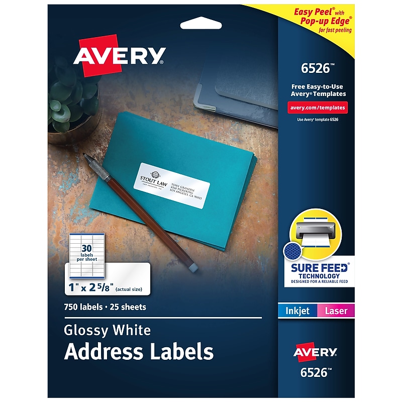 Avery Easy Peel Laser Address Labels, 1" x 2-5/8", Glossy White, 750 Labels/Pack (6526) image 1