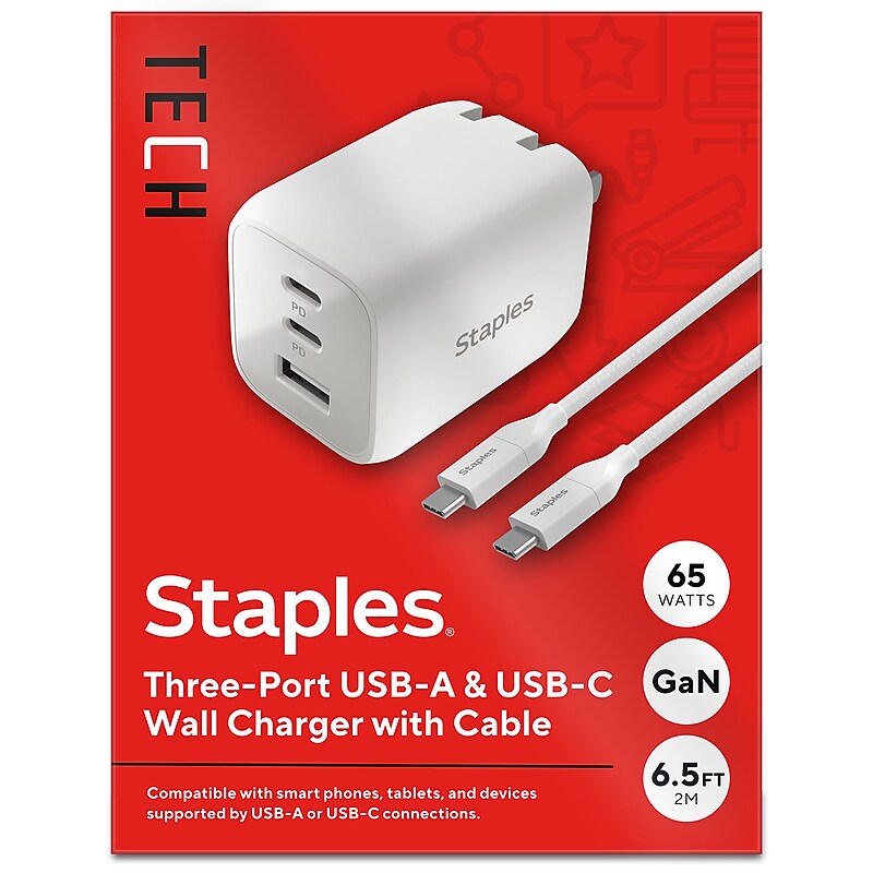 Staples TECH GaN USB-A/USB-C Wall Charger with Cable, 65W, White (ST62326) image 1