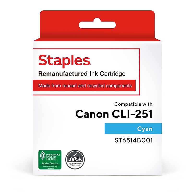 Staples Remanufactured Cyan Standard Yield Ink Cartridge Replacement for Canon CLI-251C (TR6514B001/ST6514B001) image 1
