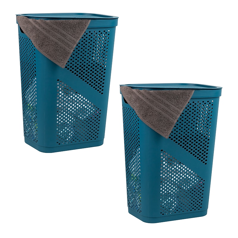 Mind Reader 15.85-Gallon Slim Laundry Hamper with Lid, Plastic, Blue, 2/Set (2HBIN60-BLU) image 1