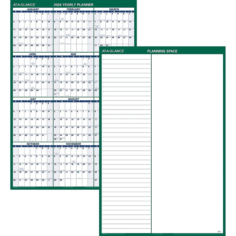 2026 AT-A-GLANCE 32" x 48" Yearly Dry Erase Wall Calendar, Reversible, White/Green (PM310-28-26) image 1